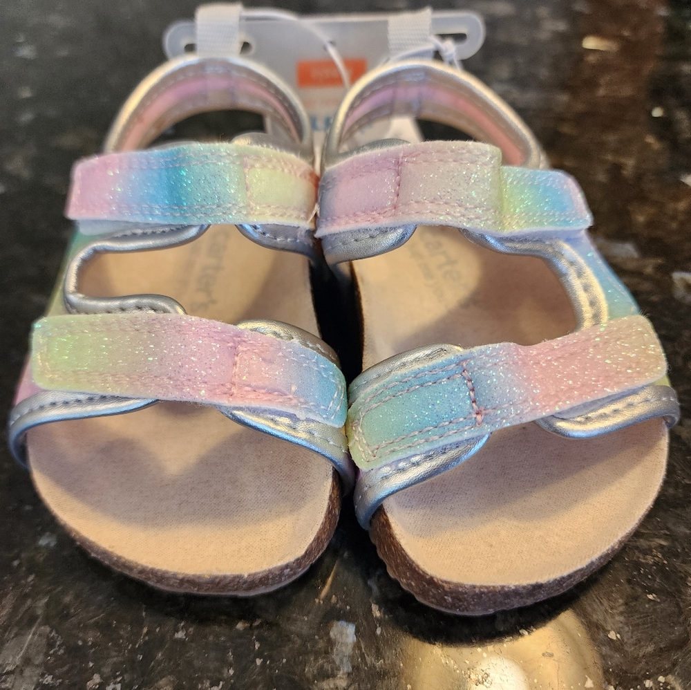 Carters Rainbow Glitter Sandal Toddler Size 4 Velcro Strap Tie Dye NWT Silver